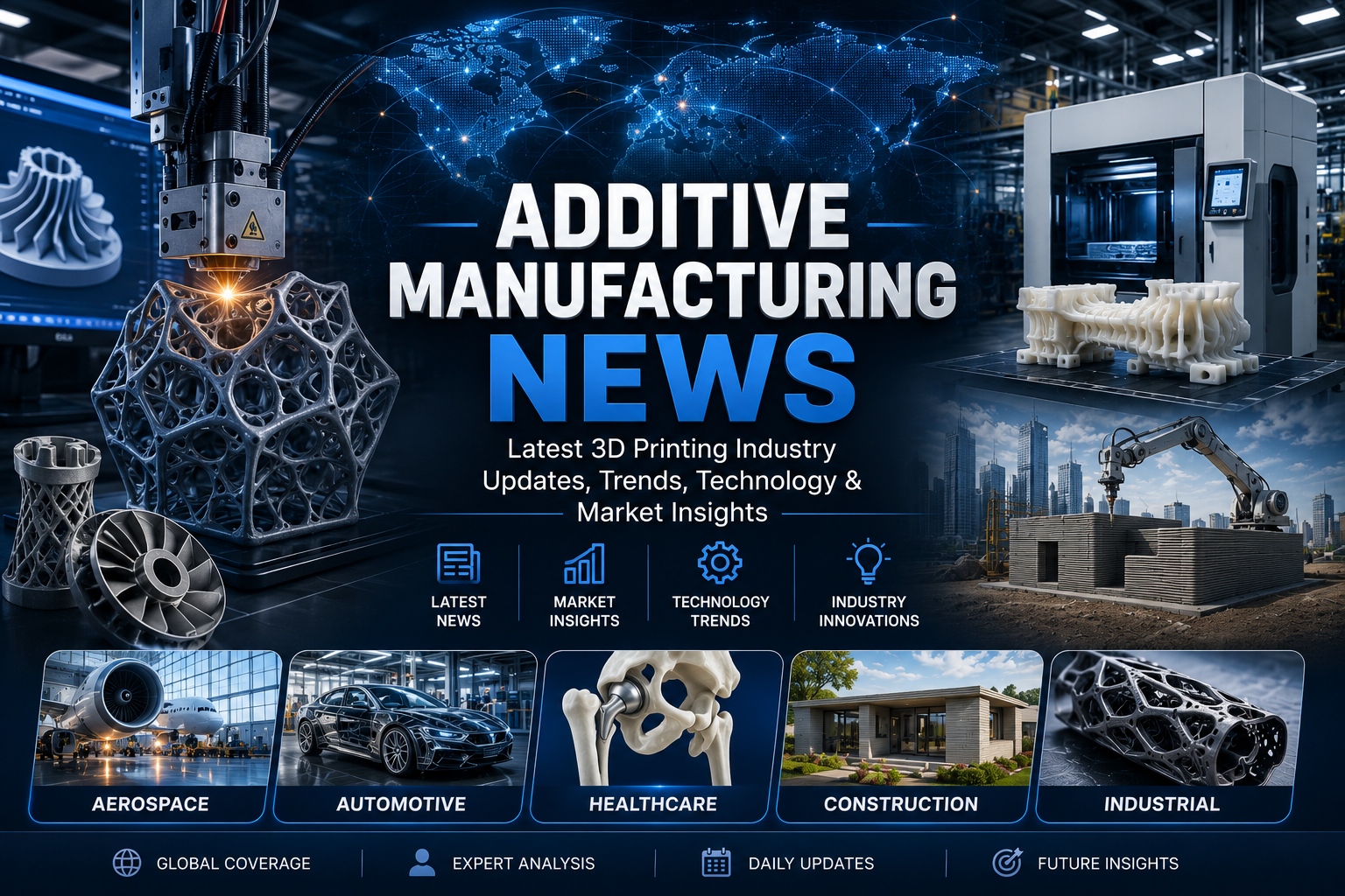 Visual representation of Additive manufacturing news, a 3D printing and manufacturing process that creates objects layer by layer from digital designs.